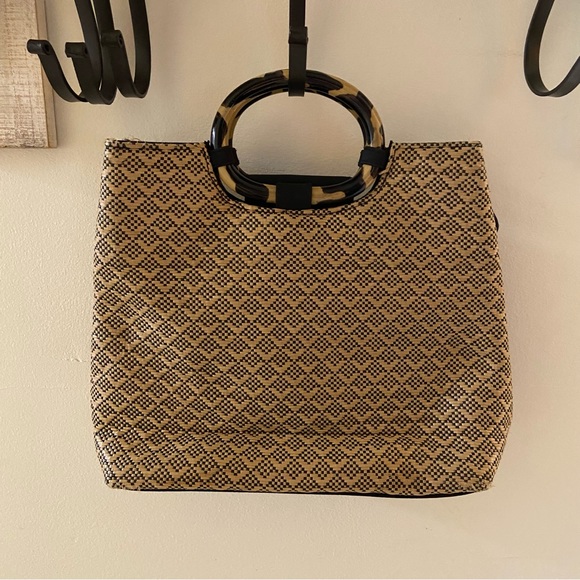 Vintage Handbags - Vintage Marlo basketweave leopard handle satchel bag